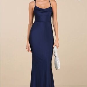 Lulus Definition Navy Slinky Knit Cowl Neck Dress